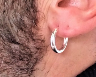 Pure Silver Hoop Earrings Men 18mm diameter and 3 mm caliber · Silver hoop earring for men  · 925 Sterling Silver Guys Hoops 8G