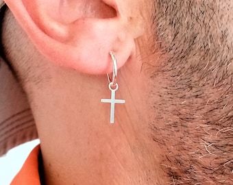 Silver Sterling Hoop Cross · Silver 925 Men Hoops with Cross · Men Earring · Gift for him · Silver Hoop Earrings · dangling earring