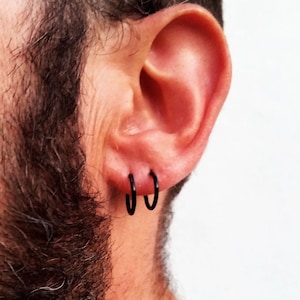 Black Hoop Silver Earrings, 10mm · 12 mm · 14 mm  Black Silver Hoops · Black Men Earrings · Silver Sterling 925 · Black Silver Hoop Earrings