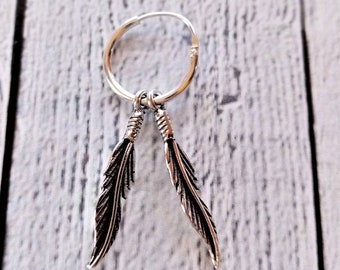 Silver Hoop with 2 Feather / Silver earring for men / 925 silver earring with feathers - Raven flying to the moon
