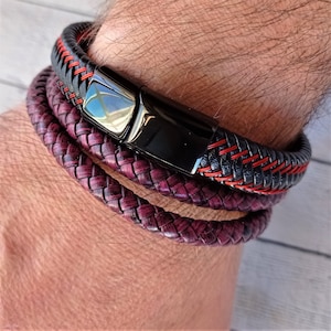 Set of high resistance bracelets in black and red tones, magnetic closure / Braided bracelets for men