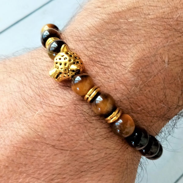 Rock Tiger Eye Bracelet with Jaguar Head · Quartz and Jaguar Ball Bracelet · Jaguar Bracelet · Protective Bracelet · GOLDEN JAGUAR