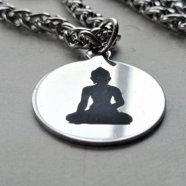 Minimalist Buddha Pendant on Extra Gauge Steel Necklace - Intense Shadow of Buddha