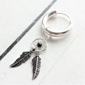 Traumfänger-Creolen-Ohrring aus 925er Sterlingsilber mit Obsidian – 16mm Creole