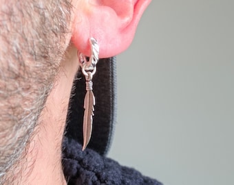 925 Sterling Silver hoop earring with feather · extra wide diameter · Silver Earring with feather for men · Writing in silver