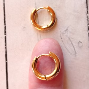 Gouden roestvrijstalen ringoorbellen · Diameter 14 mm · 3 mm dik · Clipsluiting