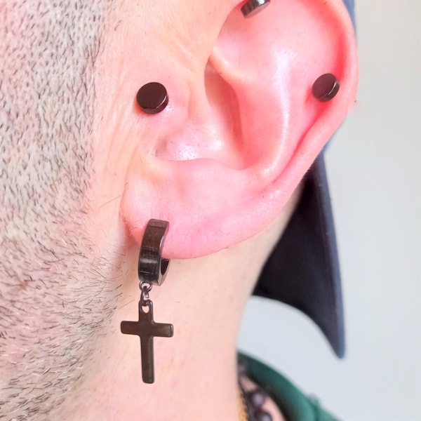 Black enamel stainless steel hoop earring with cross