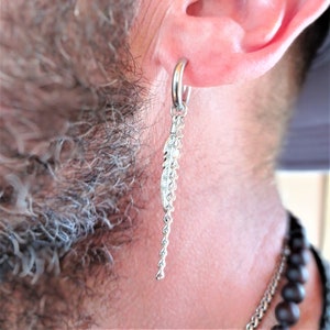 Steel Hoop Earring for Men with feather, chain, Sterling Silver/ Feather Hoop with Chain / Steel Hoop feather Chain / Men's feather earring