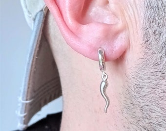 Sterling Silver hoop earring with figure, clip-on closure / Silver Hoop for men - Devil's tail