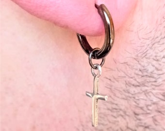 Orecchini A Cerchio Unisex In Argento 925 Con Croce Nera E Zirconi, Placcati, Regalo In Sacchetto