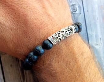 Natural volcanic lava bracelet with cross for men  volcano lava balls bracelet  black lava bracelet  VULKAN CROSS