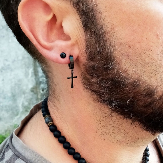 Black Hoop Earring With Cross Black Stelle Hoops With Cross - Etsy