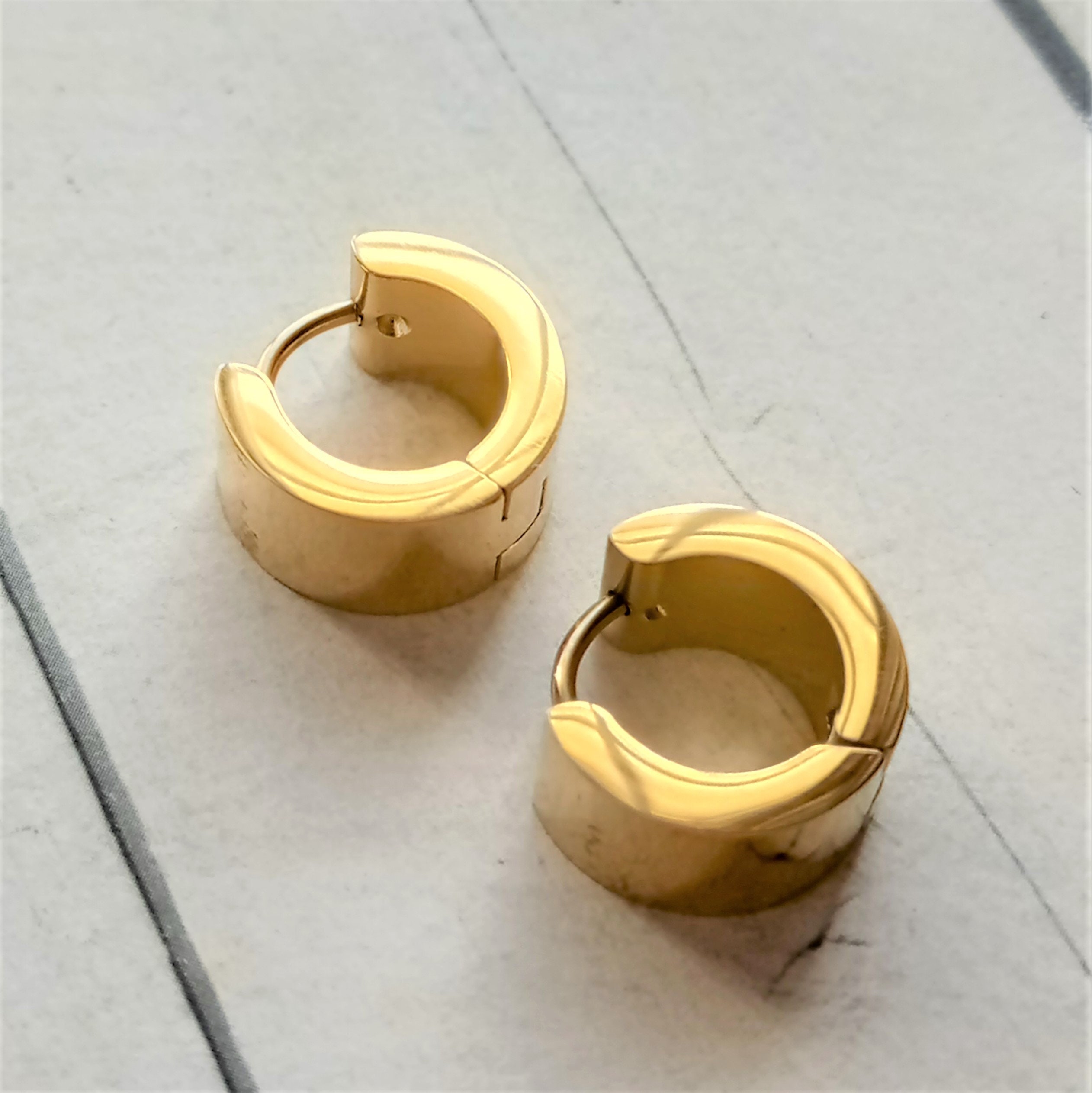 Extra Wide Hoop Earring in Gold Steel 14 mm with Zirconite / Wide Gold Hoop Earring with Zirconite for Men