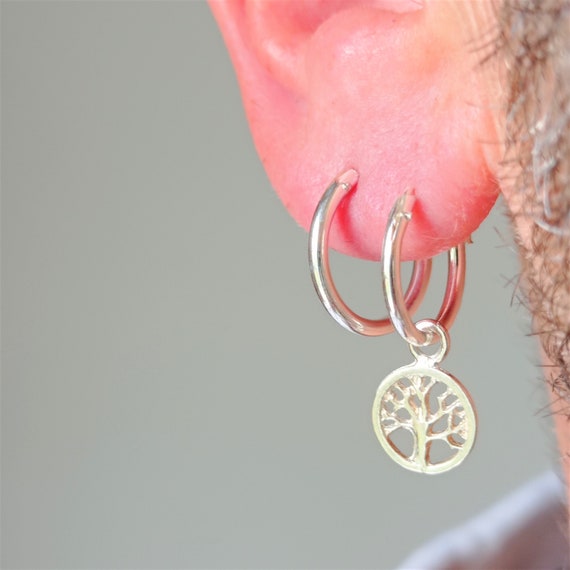 Tree of Life 929 Sterling Silver Amulet Hoop Earring / Tree of