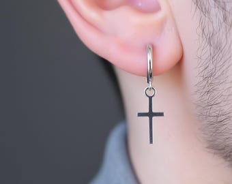 Sterling Silver Hoop Earring With Cross - 12mm - Etsy