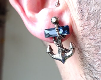 Steel anchor earring with blue crystal piece