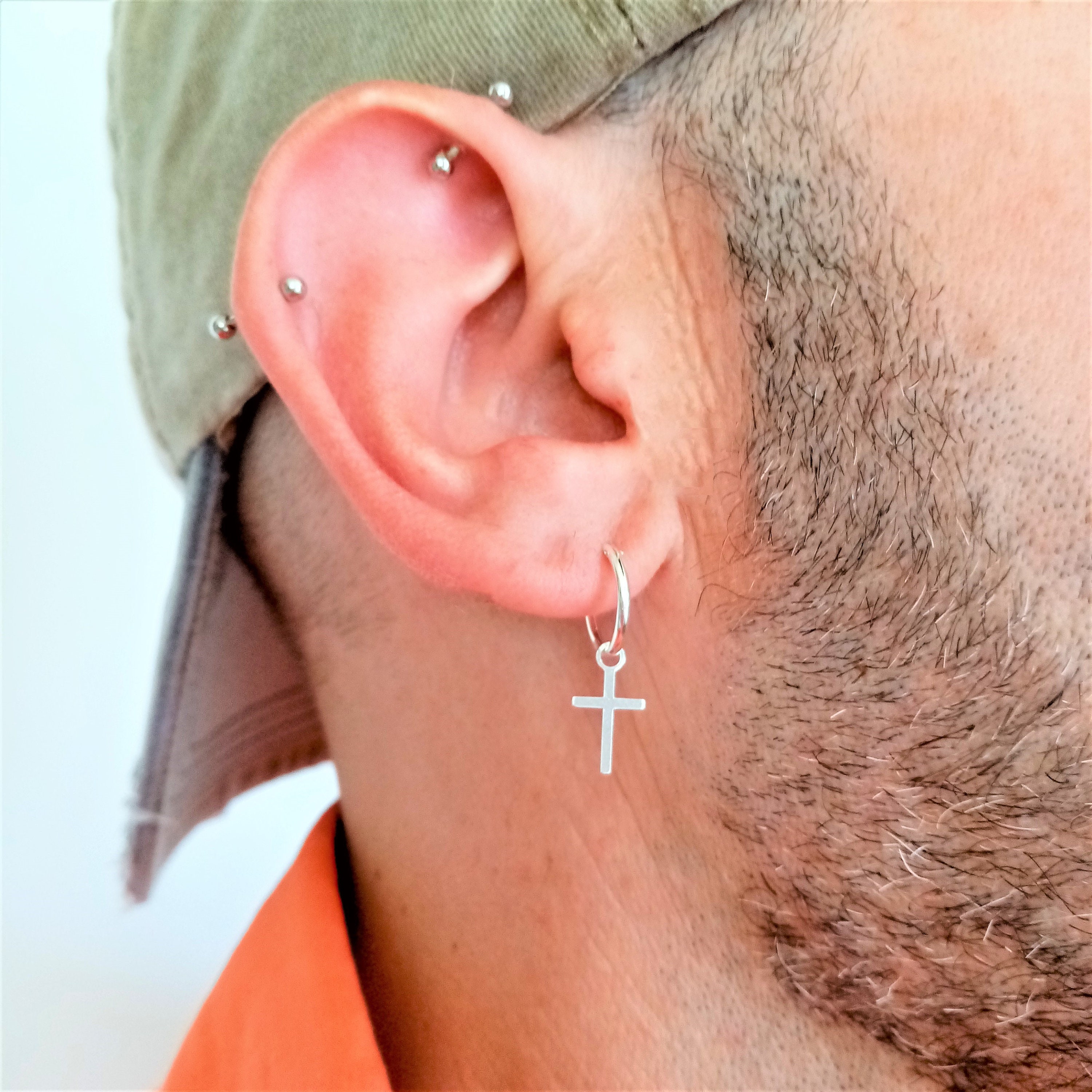 Silver Sterling Hoop Cross · Silver 925 Men Hoops with Cross · Men Earring · Gift for him · Silver Hoop Earrings · dangling earring