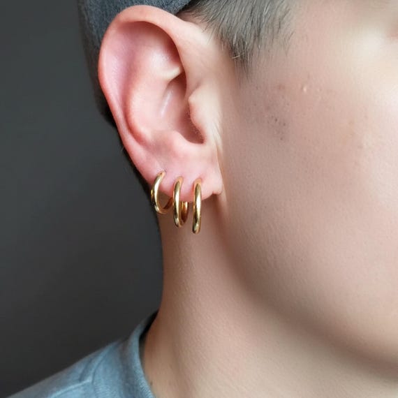 Gold Steel Hoop Earrings Set for Men: 12G Huggie Sleeper Earrings