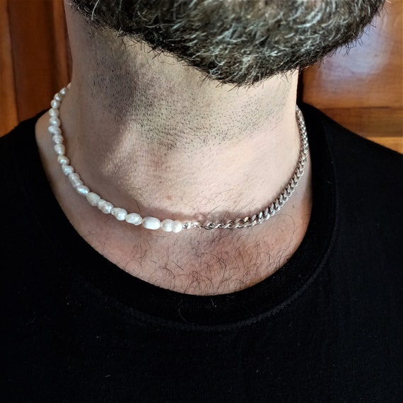 Diligencia gráfico blanco lechoso Collar de perlas para hombres Collar de media perla para - Etsy España