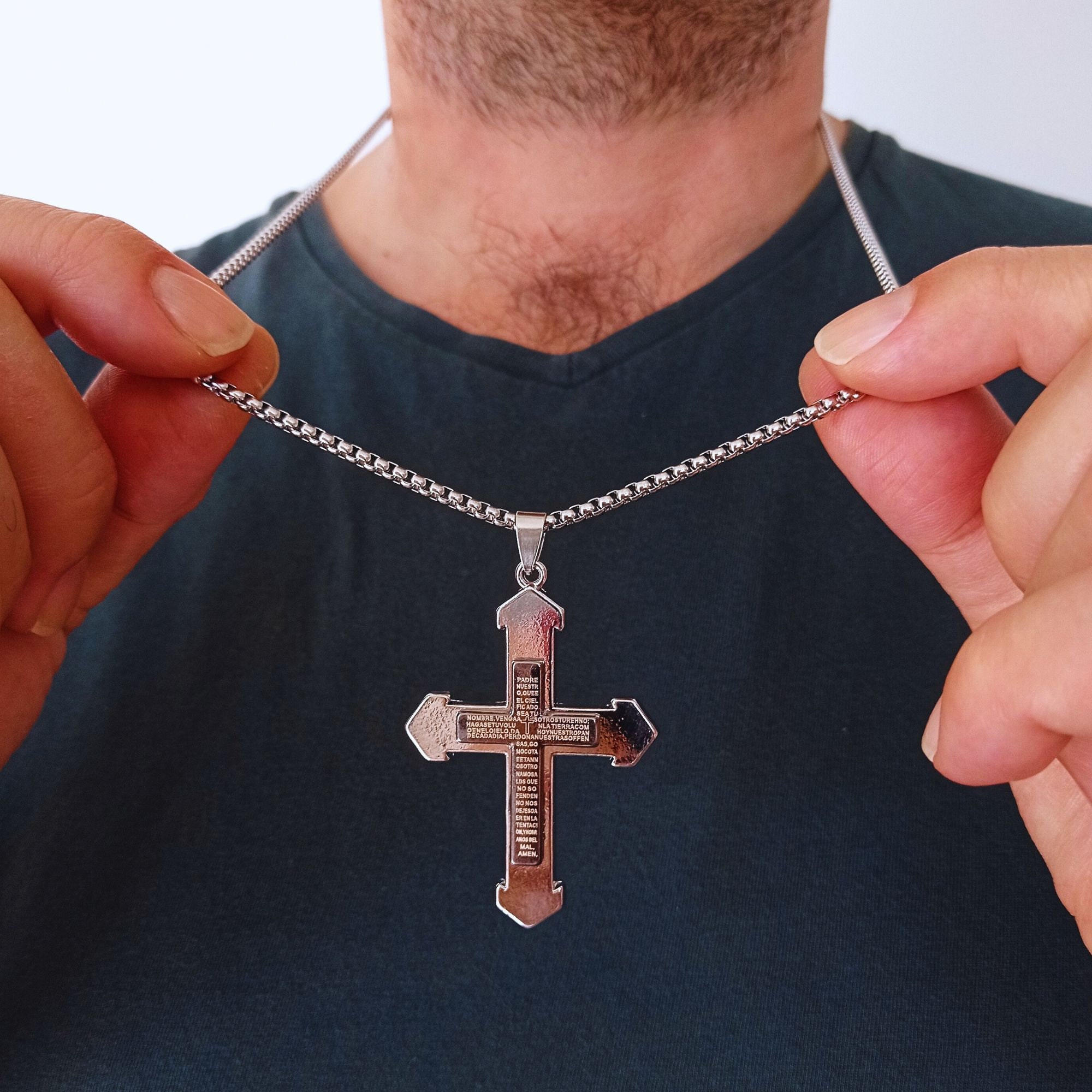 Collana Uomo Con Ciondolo Croce In Acciaio Inossidabile - Gioiello Cristiano Unisex, Catena 60 Cm (24")