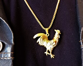 Golden Steel rooster pendant · Rooster pendant · Rooster necklace · Totem pendant - Rooster warming in the sun.