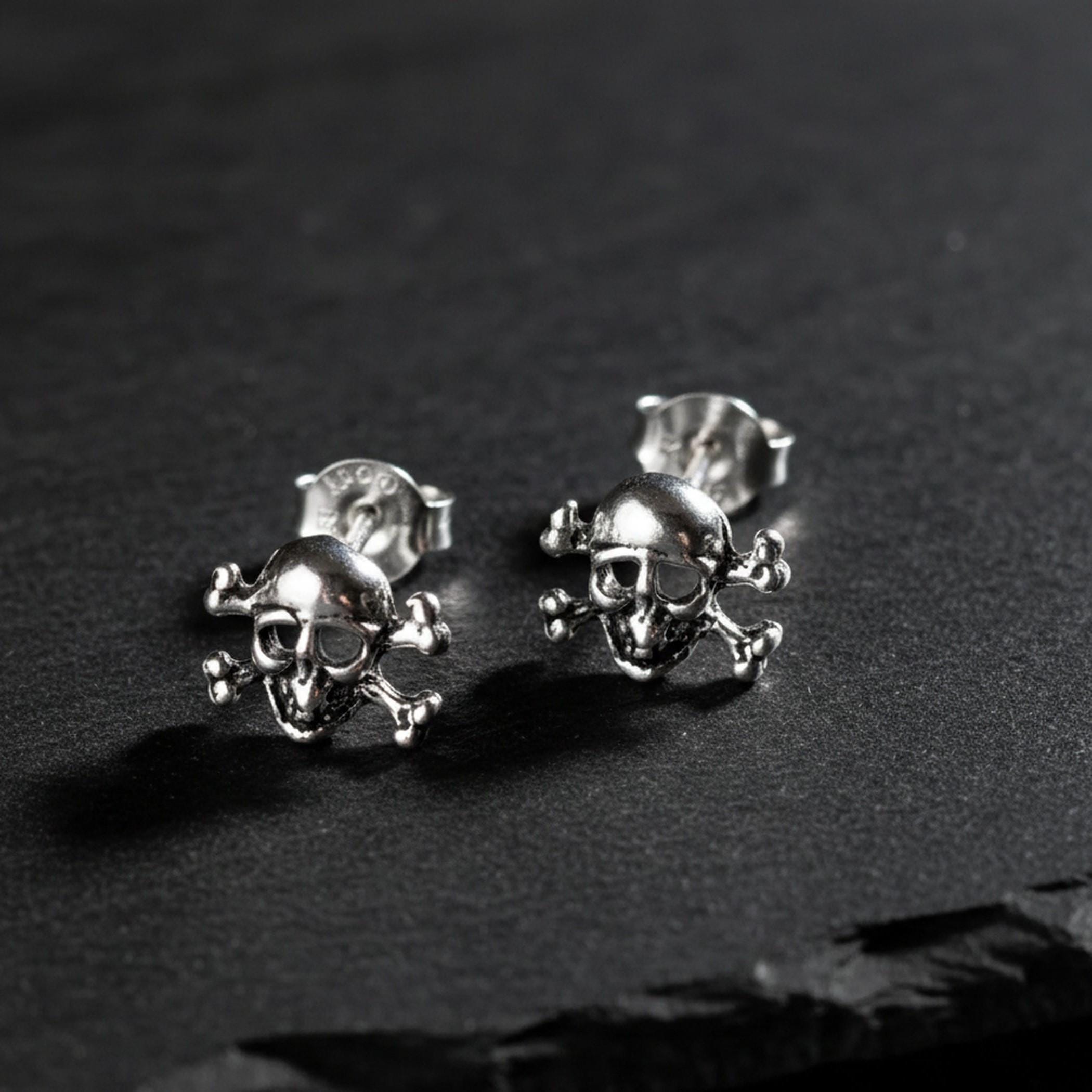 Men's Silver Skull Earrings With 2 Crossbones - Etsy