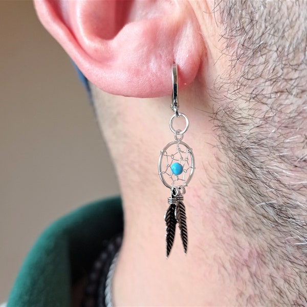 Boucle d'oreille attrape-rêves en argent sterling, turquoise et acier · Boucles d'oreilles attrape-rêves en argent - Créoles pour homme · Créoles attrape-rêves bohème