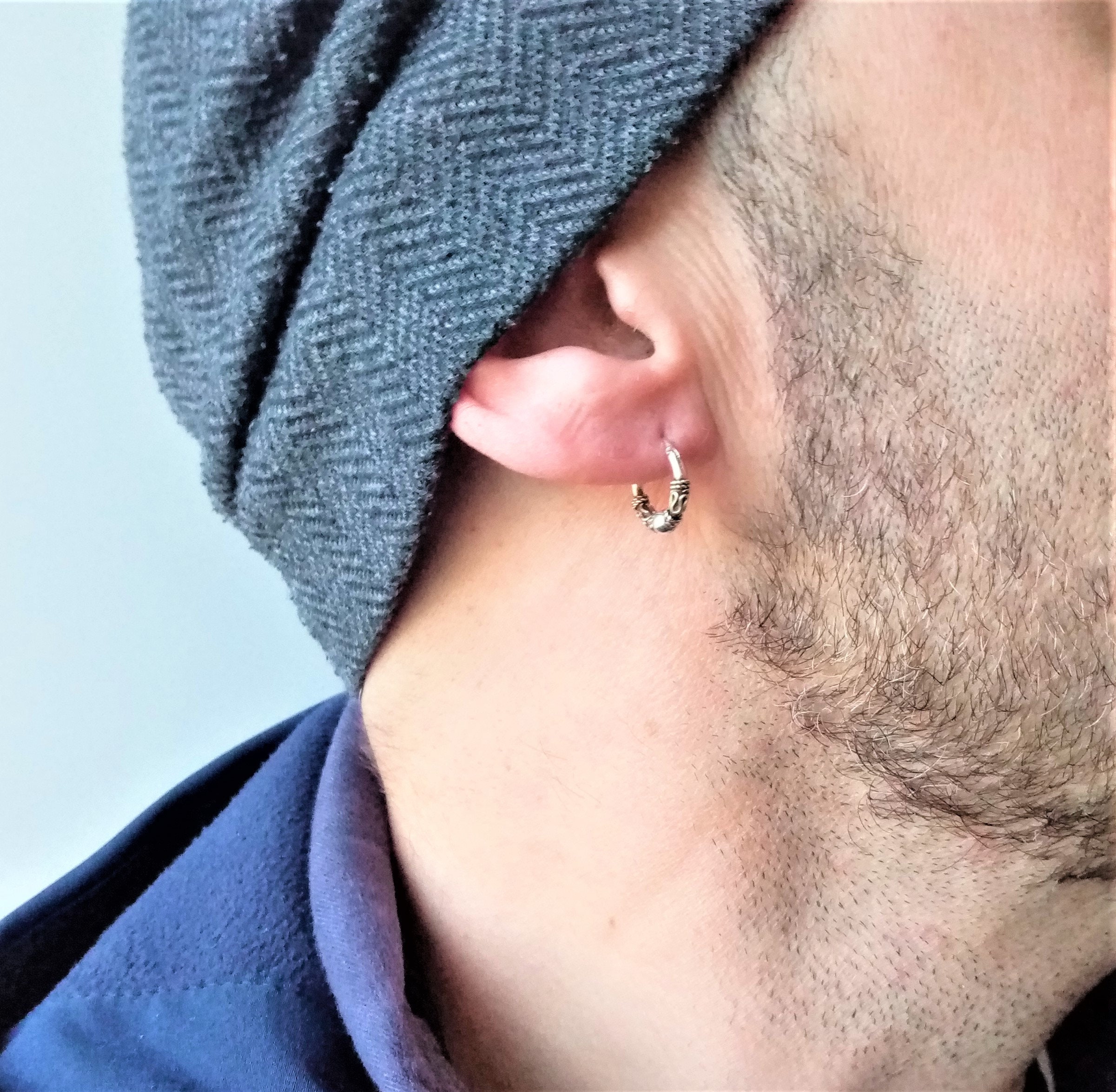 Silver Hoops for men 12 mm · Nautical Earrings · Ornate silver hoop for man · Mens Earrings · Earring for multiple piercings · Helix Conch