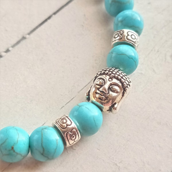 Natürliches Türkis-Felskugel-Armband mit Buddha aus Edelstahl / Türkis-Buddha-Armband - Natürliches Buddha-Armband