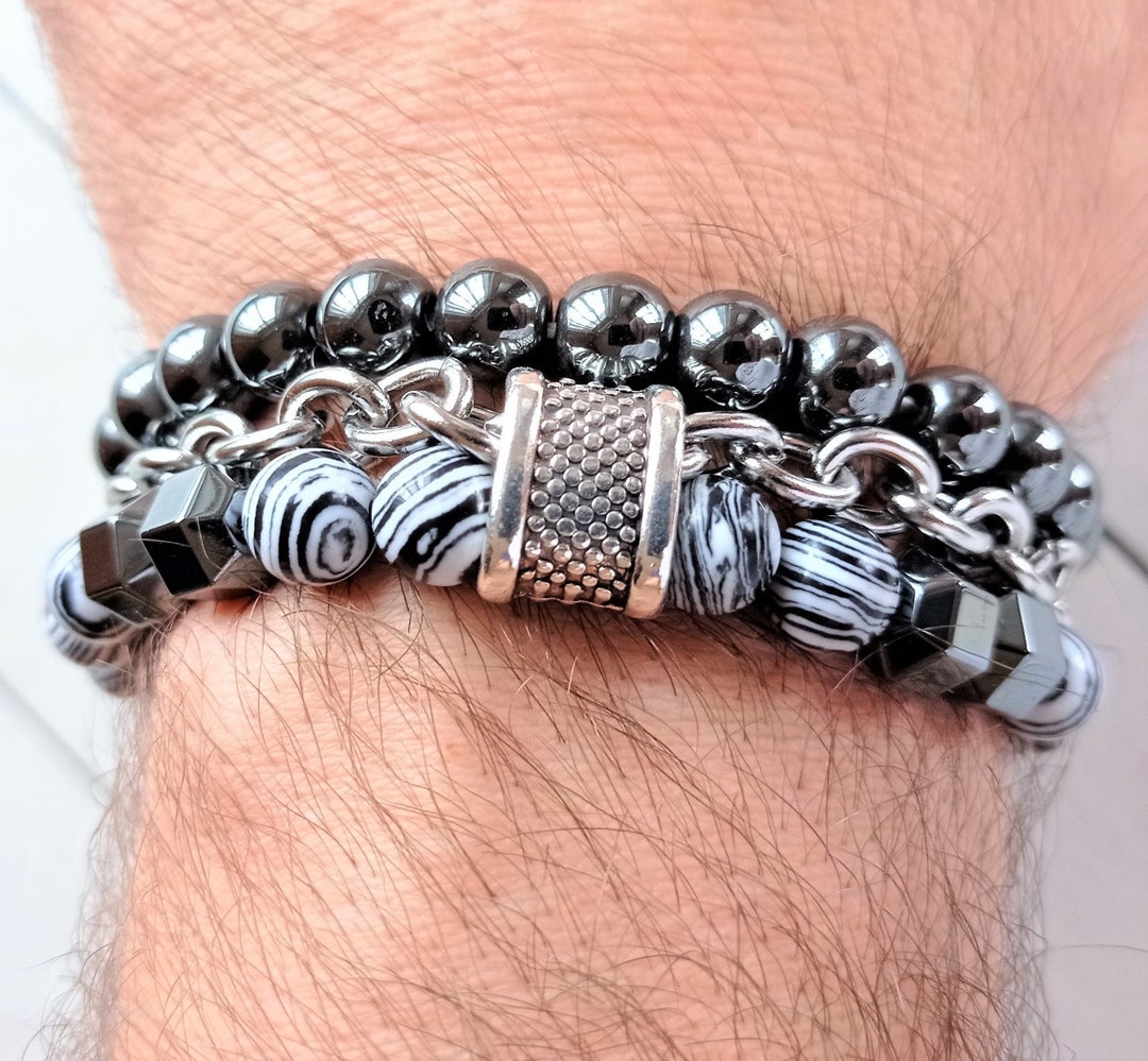 Set of Triple Bracelets of Natural Rock Spheres, Steel for Men, Made to ...