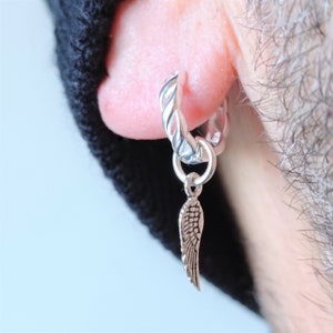 Sterling Silver wing hoop earring · Silver wing studded earring · Silver wing