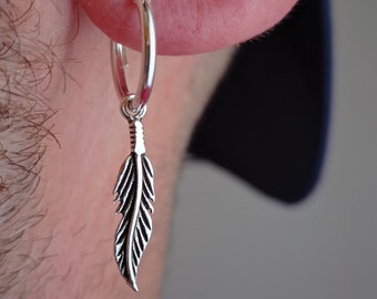 Sterling Silver Hoop Earring with Handmade Feather · 12mm Hoop with 24mm Charm · Versatile Design for Men