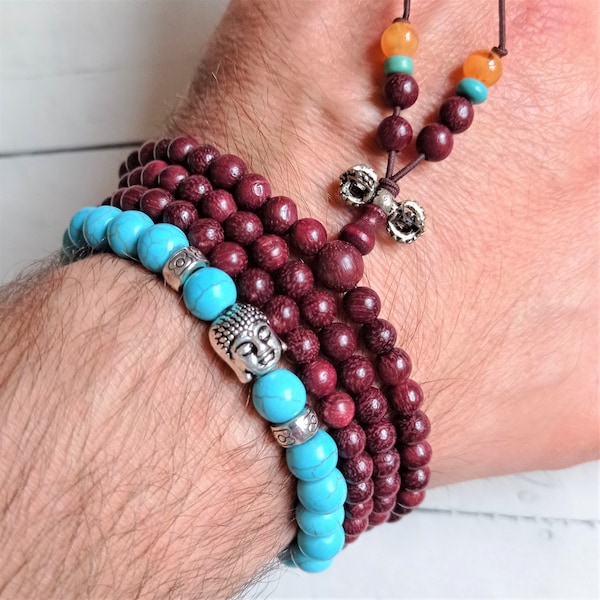 Ensemble bracelet roche naturelle turquoise et collier mala bois de santal tibétain - Bouddha au coucher du soleil