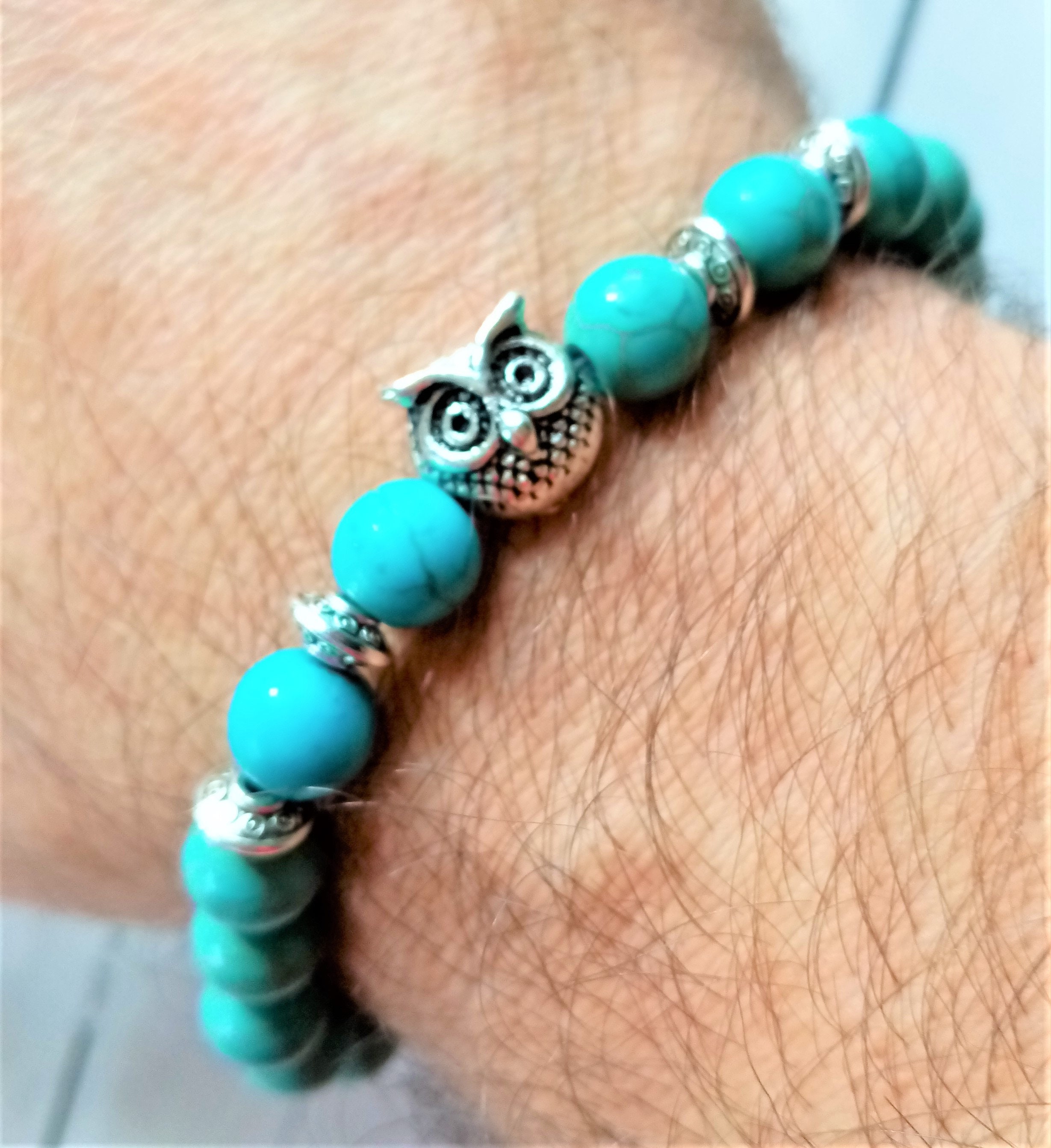 Turquoise Bead Bracelet with Stainless Steel Owl Charm