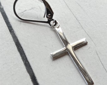 Silver cross earring for men with clip on closure · Hoop with silver cross medium size