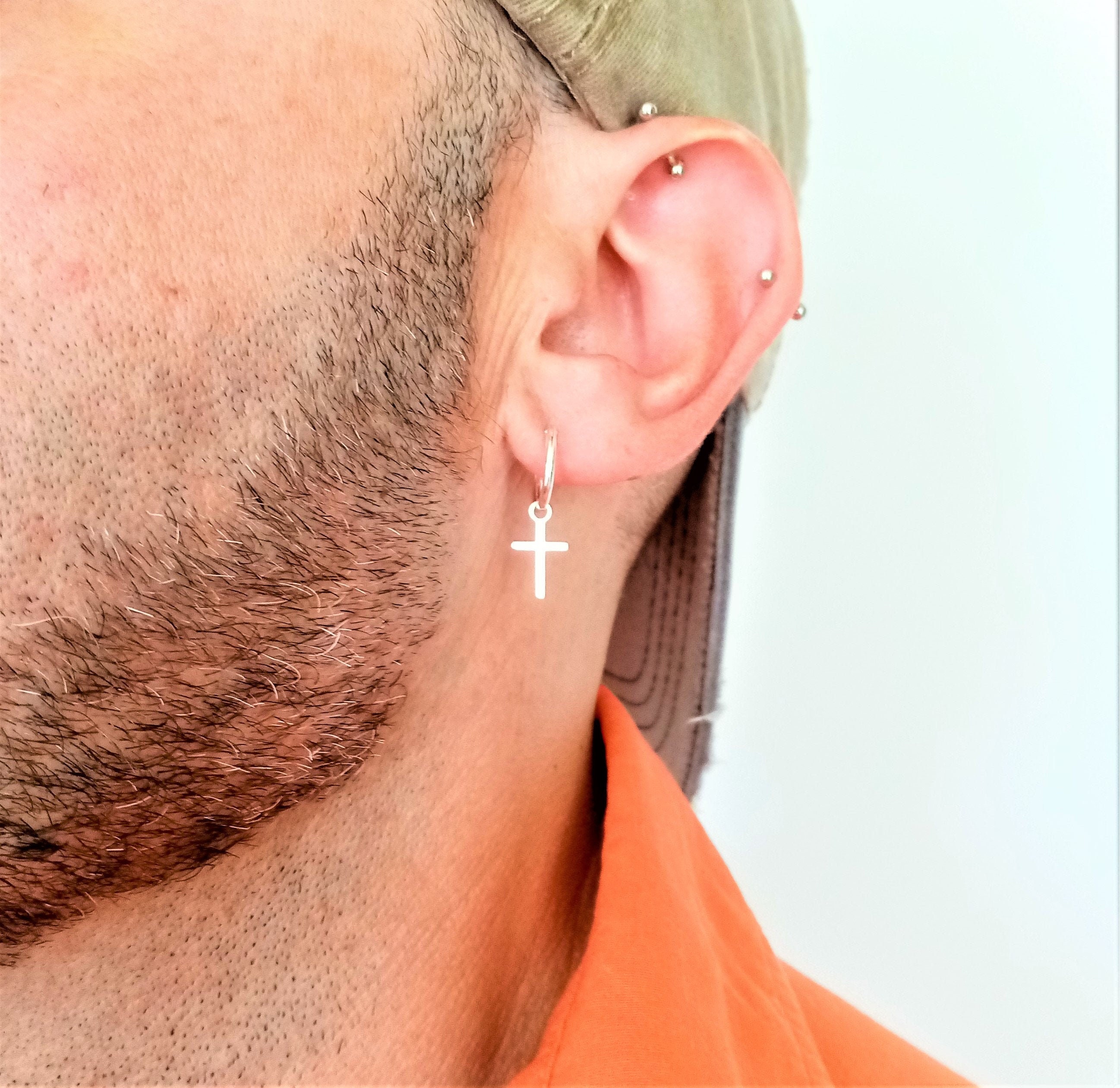 Silver Sterling Hoop Cross · Silver 925 Men Hoops with Cross · Men Earring · Gift for him · Silver Hoop Earrings · dangling earring