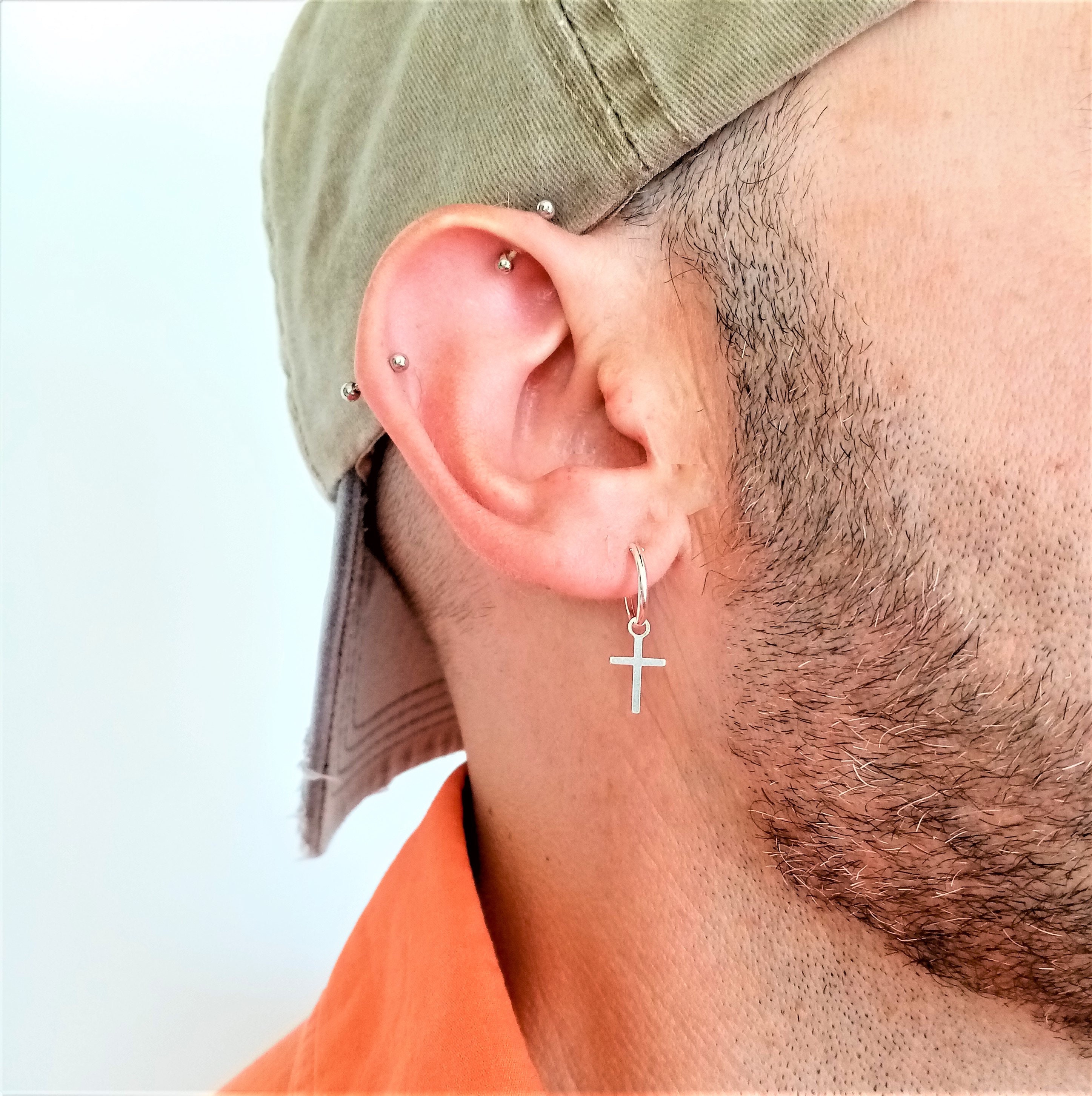 Silver Sterling Hoop Cross · Silver 925 Men Hoops with Cross · Men Earring · Gift for him · Silver Hoop Earrings · dangling earring