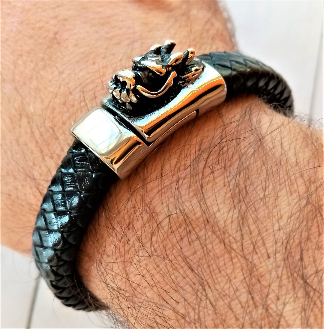 Kunstleren armband Drakenkop met stalen bedel armband