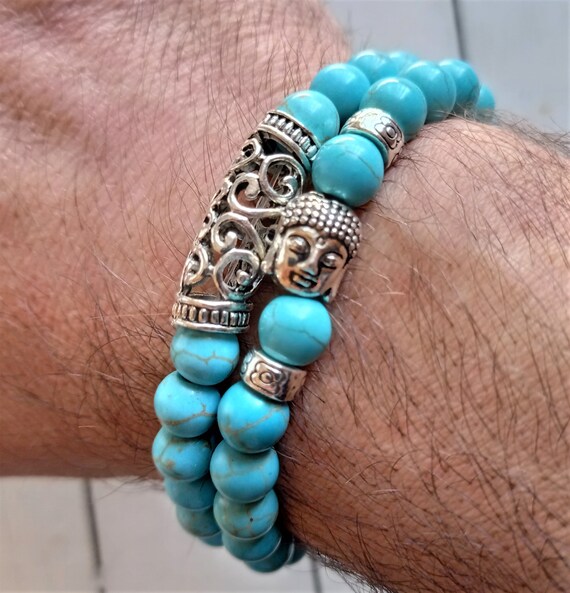 Natural Turquoise Veined Rock Bracelets With Buddha Charms and