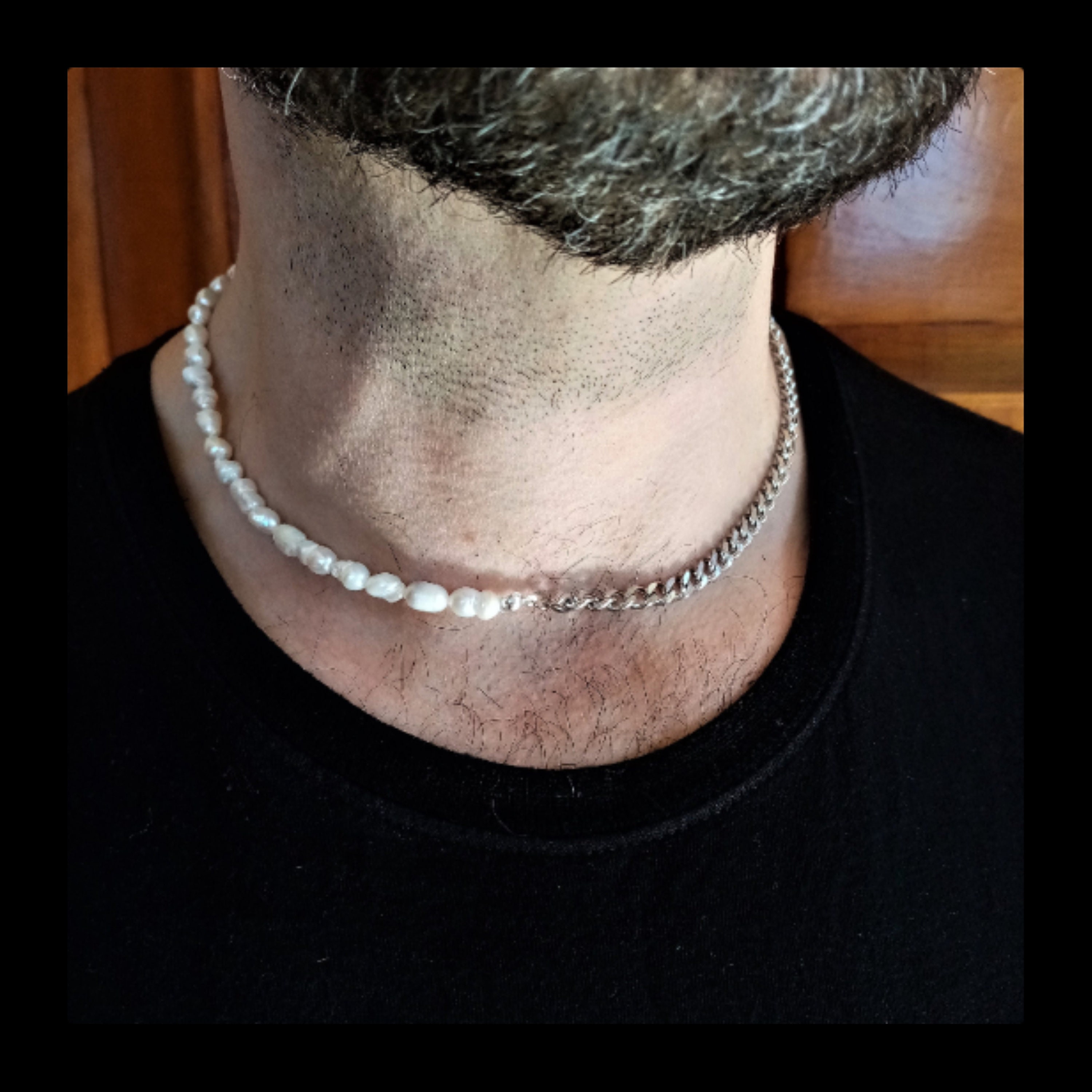 Men's Pearl Necklace: Steel Chain, Half & Half Choker - Etsy