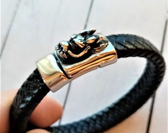 Kunstleren armband Drakenkop met stalen bedel armband drakenkop