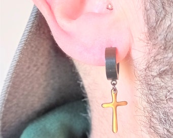 Black Hoop Earring with cross, Black Stelle Hoops with cross, Men Earring, Men Hoops, Stell Hoops, Man Earring