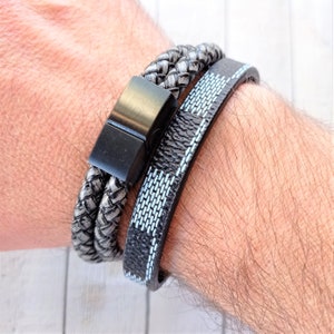 Set of two bracelets in gray tones, geometric design with magnet closure / 3 bracelets TOTAL