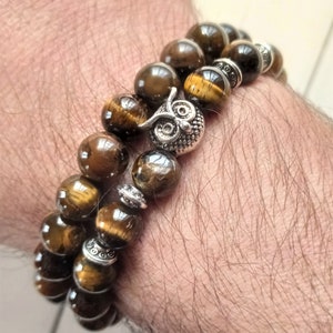 Tiger eye natural rock bracelet set with owl and cylinder charm in stainless steel / Friendship bracelet with owl and cylinder