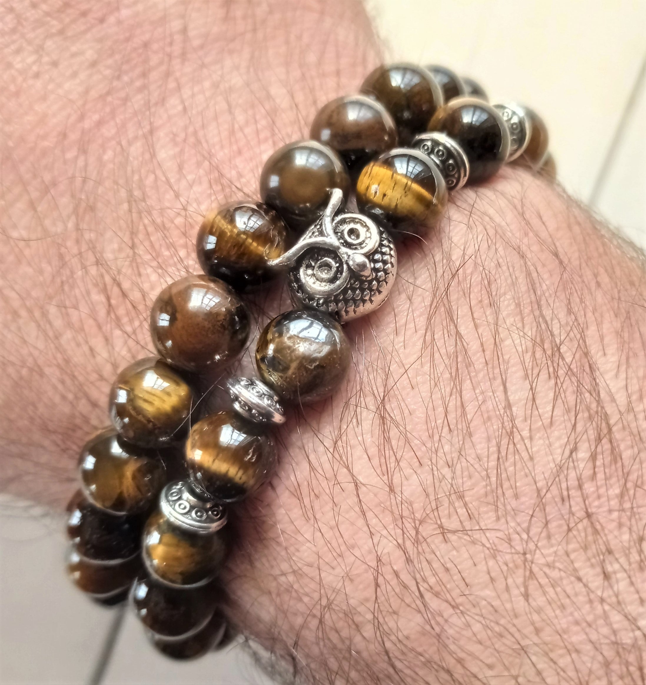 Tiger Eye Stone Bracelet Set: Stainless Steel Owl Charm