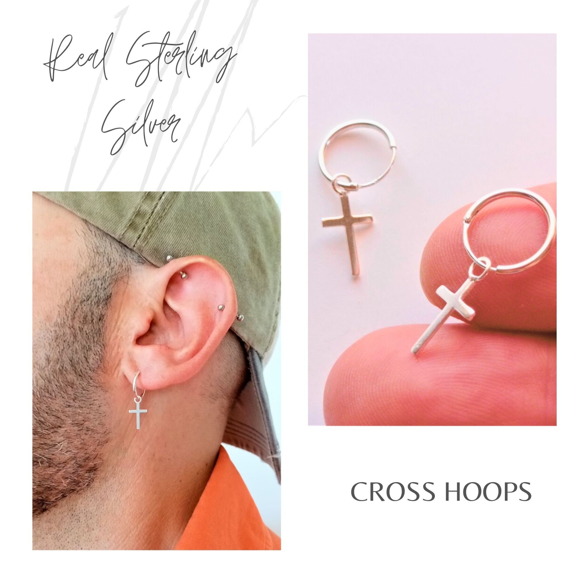 Silver Sterling Hoop Cross · Silver 925 Men Hoops with Cross · Men Earring · Gift for him · Silver Hoop Earrings · dangling earring