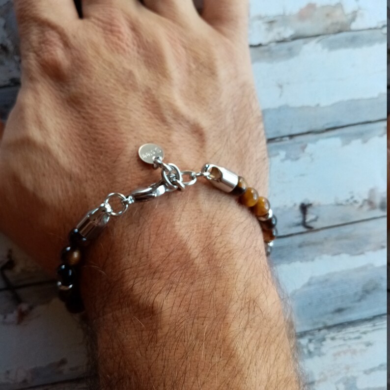 Mens Tiger Eye Rock Ball Bracelet with Stainless Steel Clasp STEEL TIGER