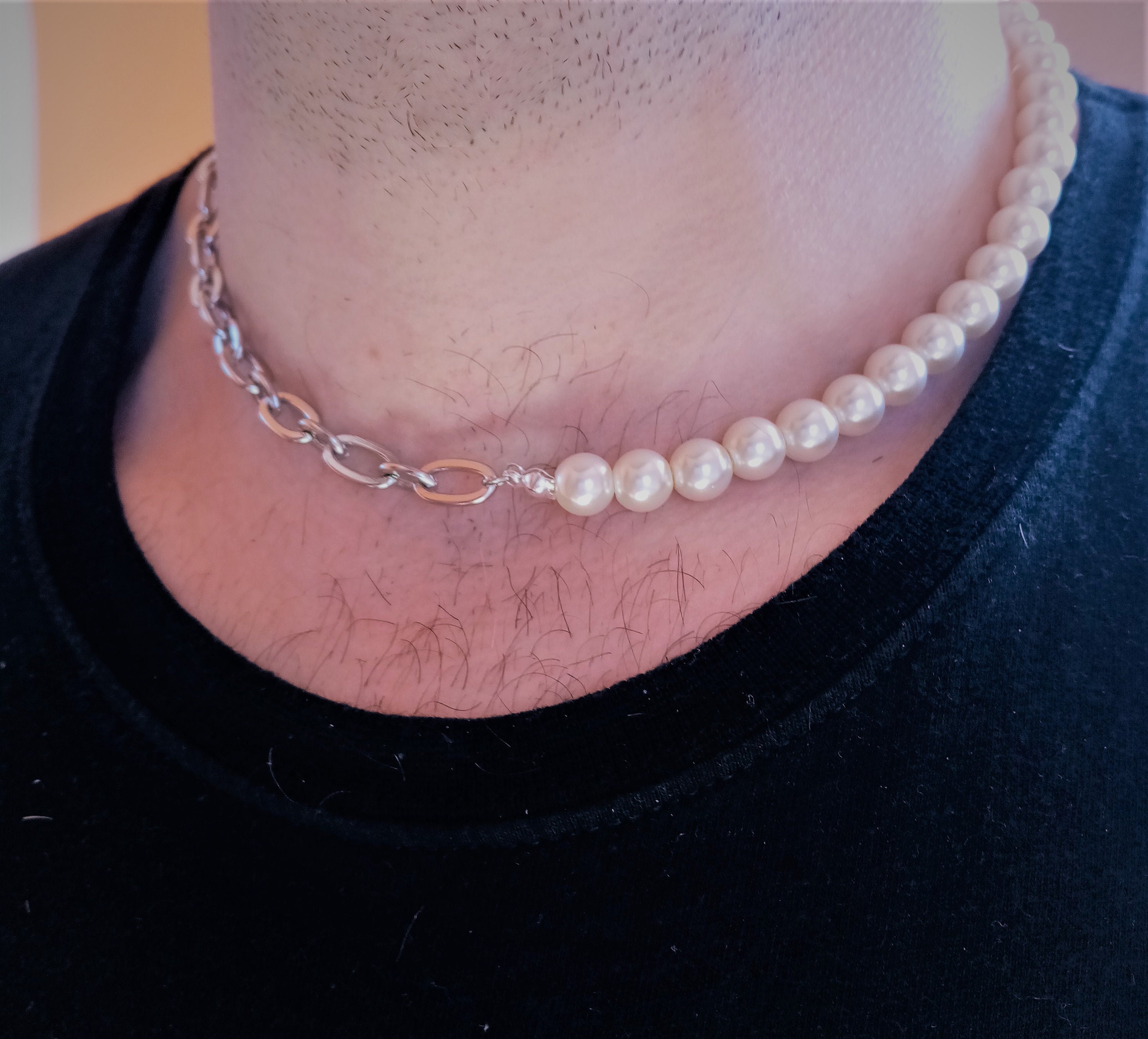 【VINTAGE HOLLYWOOD】Bumpy Round Half Pearl Necklace Half Chain Half Pearl Necklace, Gold Half Pearl Half Paper