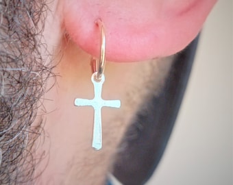 Sterling silver hoop earring with Handmade Cross with round profiles