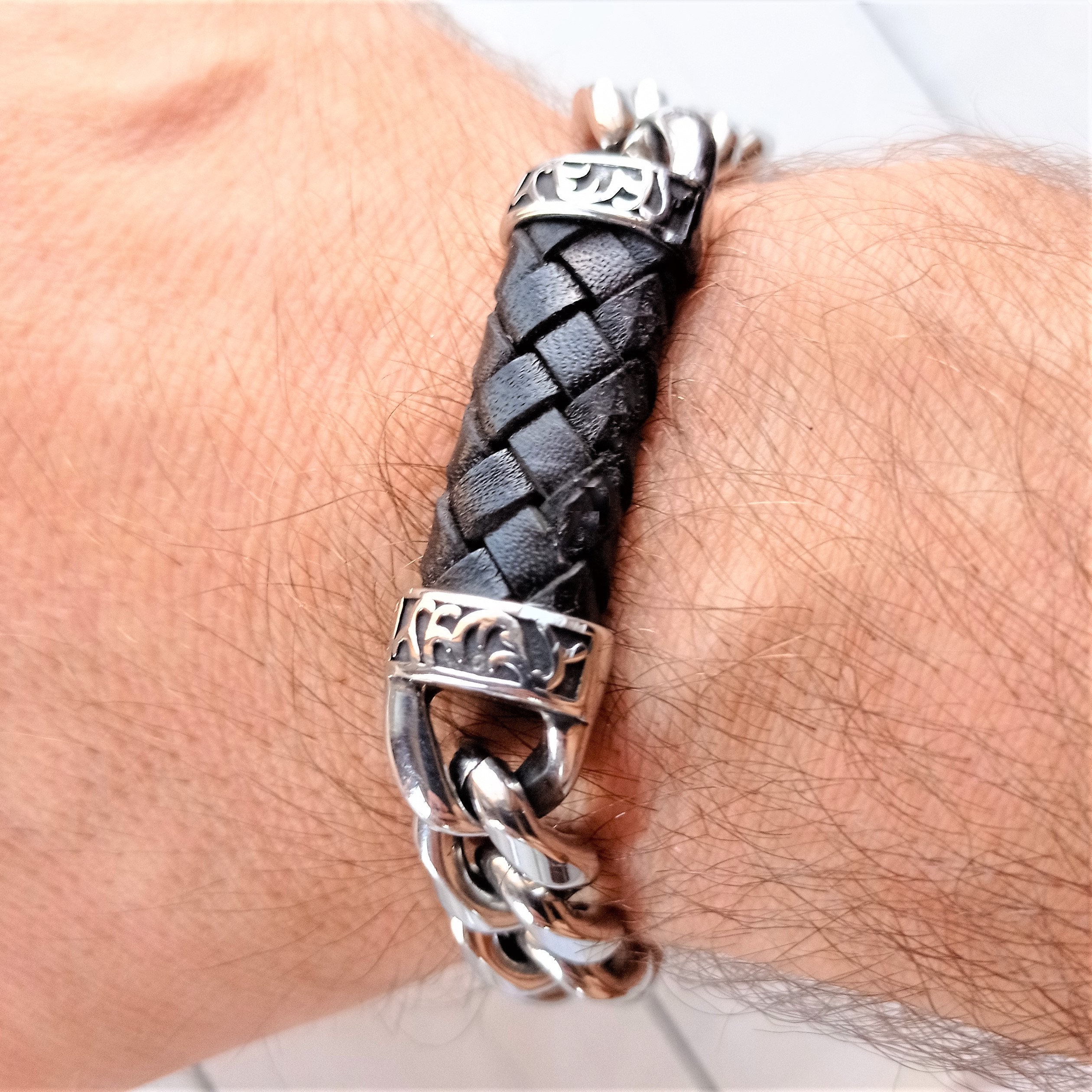 Men's Black Braided Leather Rope Bracelet Stainless Steel Magnetic Cuff